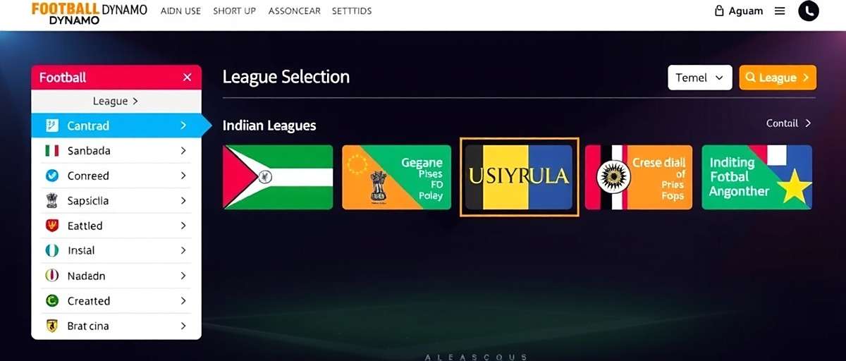 Goa Football Dynamo league selection screen showing various Indian football leagues